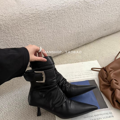 wins shoes欧洲站内加绒搭扣细跟尖头后拉链高跟短靴瘦瘦靴堆堆靴