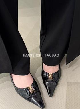 wins studio 韩风chic法式漆皮黑色包头字母平底后空凉鞋小单鞋