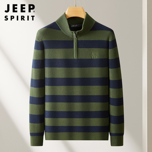 吉普纯棉毛衣男士秋冬新款半拉链立领线衣打底衫半高领条纹针织衫