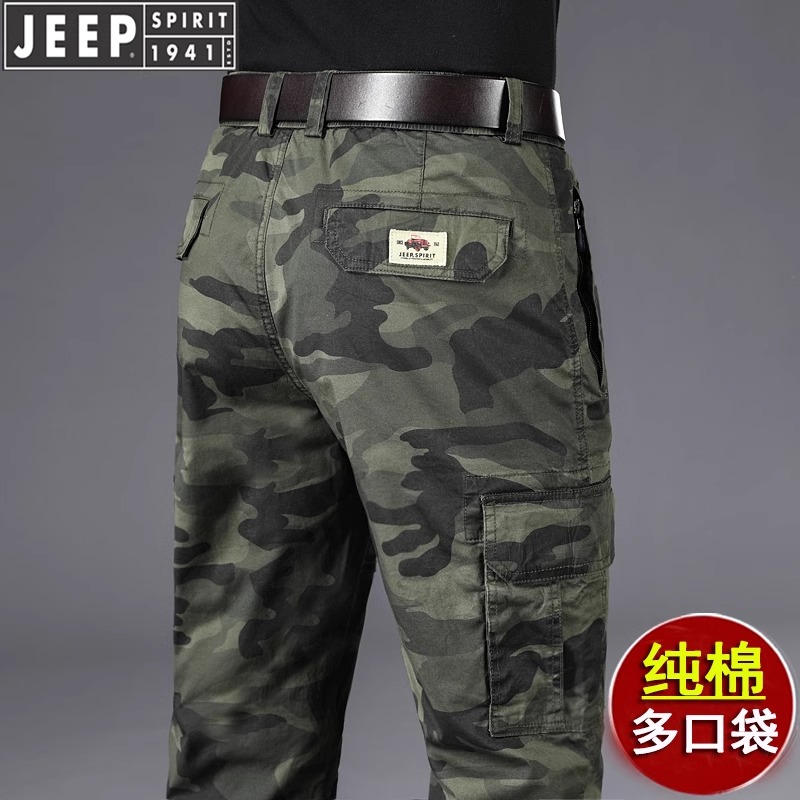 吉普休闲迷彩工装裤男2025春夏薄款直筒美式纯棉休闲裤多口袋弹力