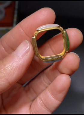 精品和田玉平安戒四时戒多宝方戒18k金镶嵌全品无瑕3.2克内径18mm