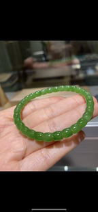 精品和田碧玉直切老型珠手串素雅清淡的果绿色 6-7mm正品证书老店