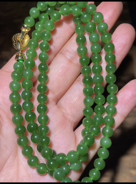 精品和田玉碧玉圆珠108佛珠项链 浓郁的菠菜绿 无黑点无杂质 g6mm