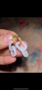 精品新疆和田玉籽料 双环耳坠 一级白 油性脂粉好 18K镶镶嵌翡翠