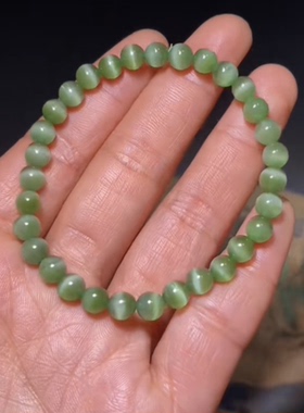 高品和田玉碧玉粉绿猫眼圆珠手串油性脂粉足猫眼灵动活灵活现 6mm
