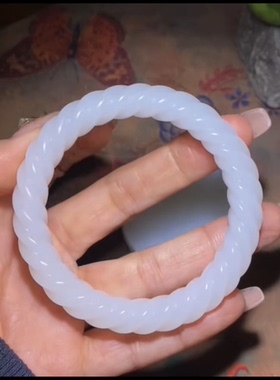 天然高品新疆和田玉籽料麻花绞丝手镯一级白56mm正品证书全国复检