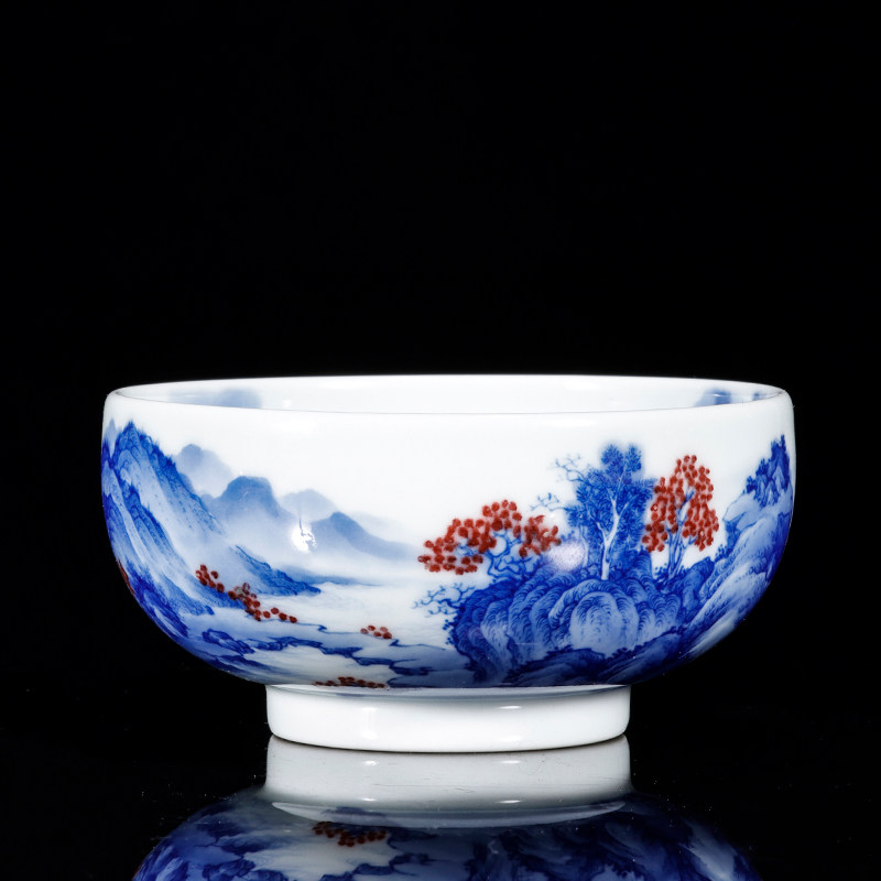 景德镇余寅窑 手绘青花釉里红竹林七贤杯 精品品茗杯 主人杯茶具