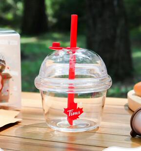 Tims咖啡mini墩墩杯透明塑料230ml可爱胖胖水杯果汁露营吸管杯