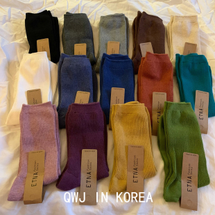 韩国进口ETNA彩色薄棉细条纹女袜ins博主纯色中筒袜简约百搭袜子