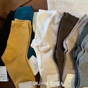 韩国进口厚实软糯纯色女棉袜女式 袜子 秋冬净色中筒袜ins博主同款