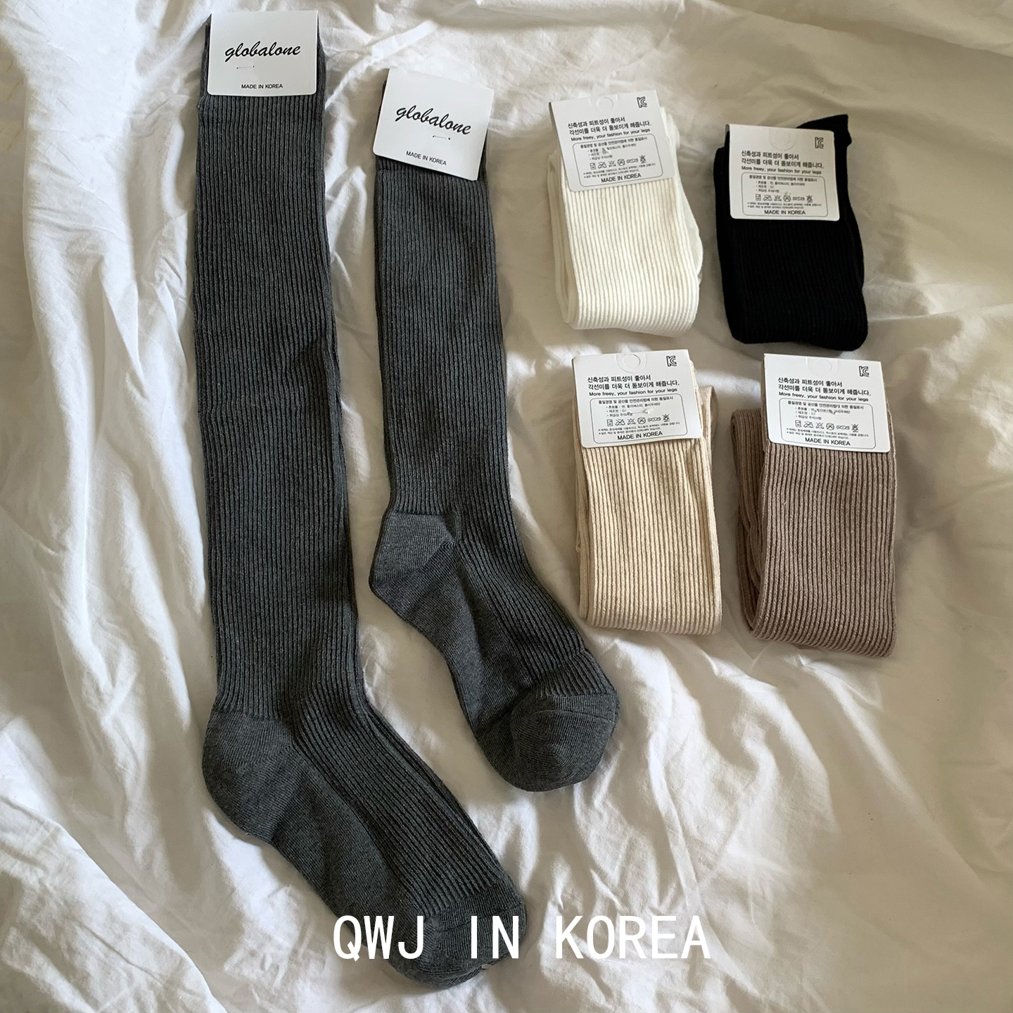 韩国进口纯色坑条竖纹小腿袜过膝长筒袜秋冬百搭纯色女棉袜jk袜子