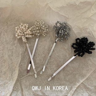 韩国进口边夹ins博主清透烟花串珠珍珠一字夹素雅银色刘海夹发夹