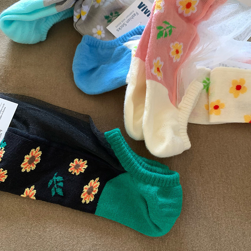 韩国进口亮色小花网纱脚面拼接短袜夏天凉快薄袜子女可爱船袜棉袜