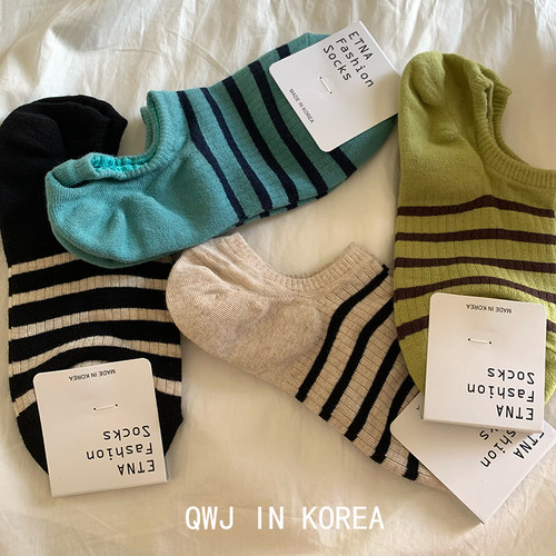 韩国进口纯色条纹船袜短袜棉袜女