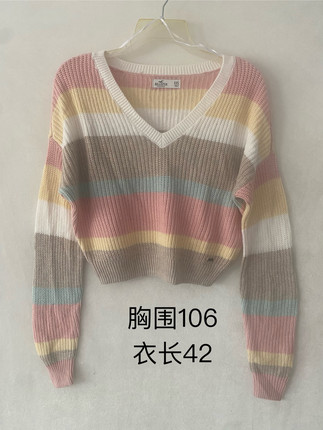 Hollister品牌原单外贸针织衫V领套衫修身T恤针织套衫毛衣撞色