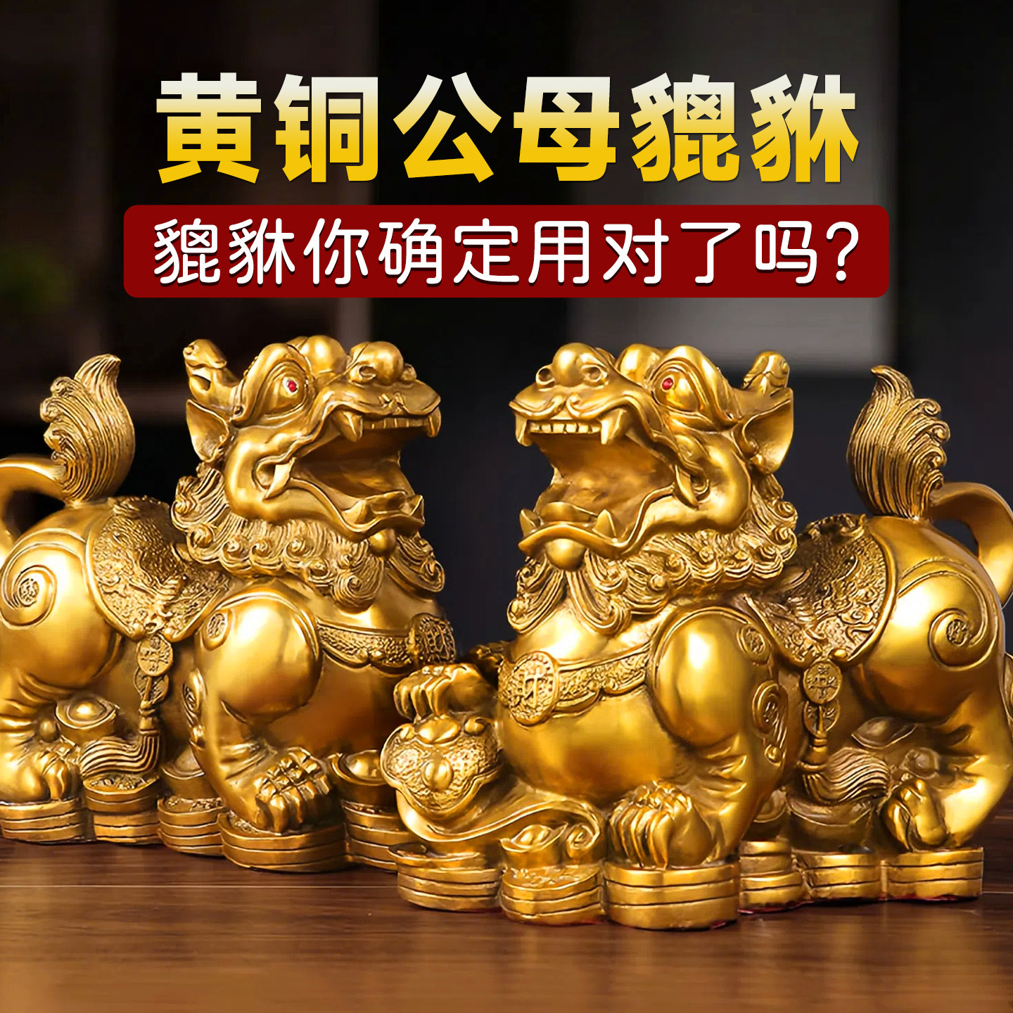 貔貅招财摆件客厅旺财黄铜公母貔貅一对皮丘家用店铺貔犰送礼开业