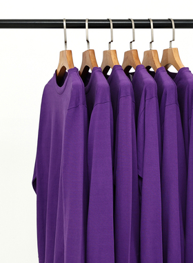 日系复古紫色250g全棉重磅圆领长袖T恤男女宽松纯棉大码运动户外