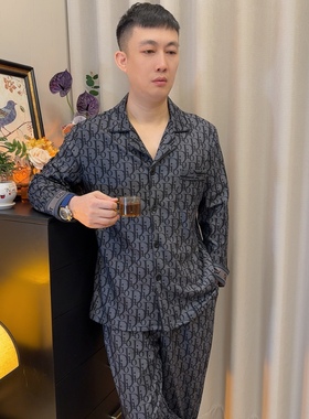 男士秋冬新款薄绒天鹅绒D字母带裤兜保暖睡衣家居服套装可外穿