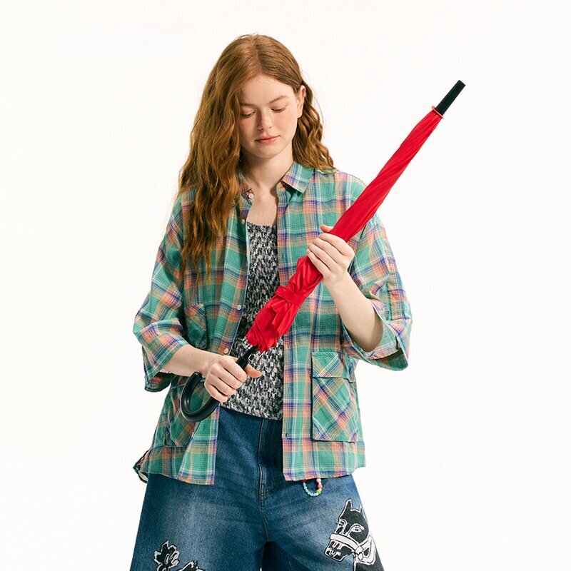 2026新款niko家日系衬衫女春季复古通勤五分袖口袋设计格纹上衣女