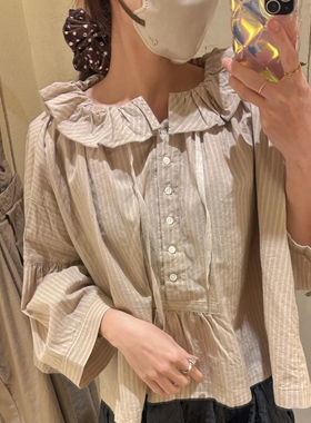 日系上新小众贵牌nest robe家棉麻条纹短款衬衫文艺风减龄衬衣女