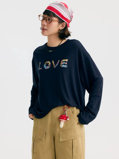 2026春季上新日系原D妮蔻家马年限定款LOVE印花圆领长袖上衣T恤女