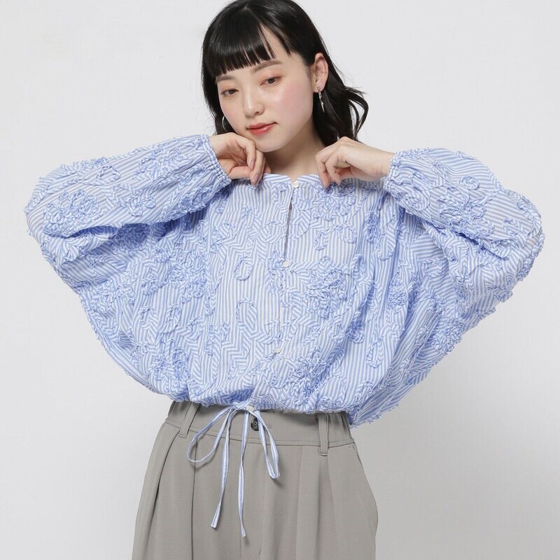 日系niko家长袖衬衫女2026春夏新款甜美风立体提花抽绳短款外套女