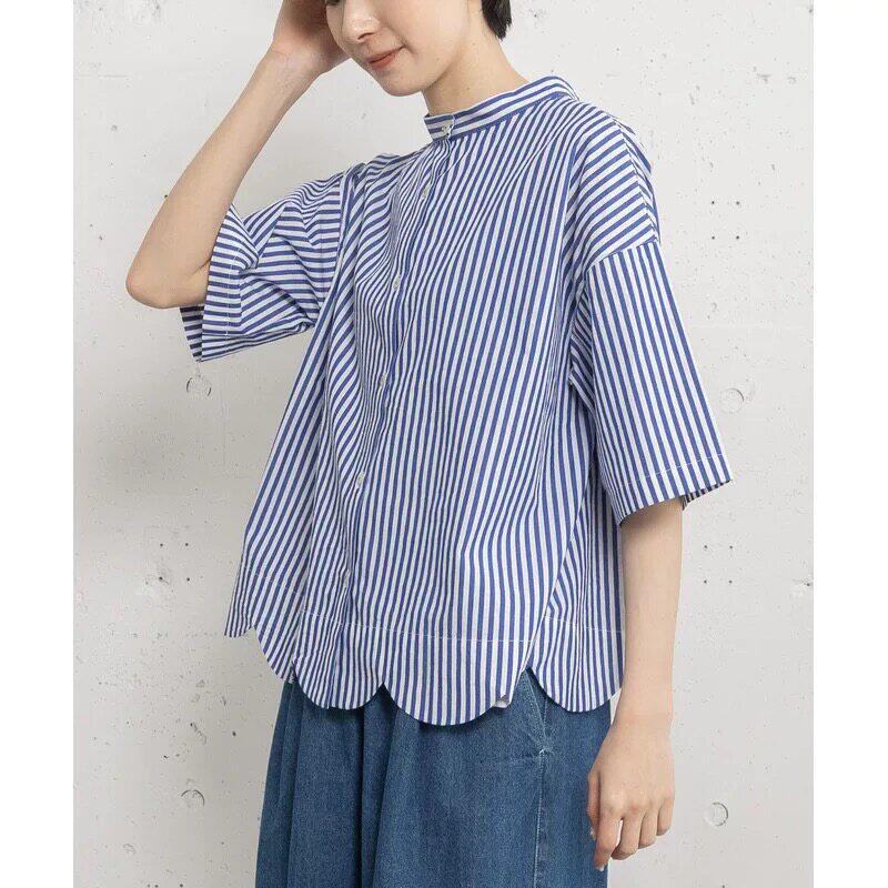 日系pou+甜美百搭短袖衬衫2026新款下摆波浪边两穿条纹格子上衣女