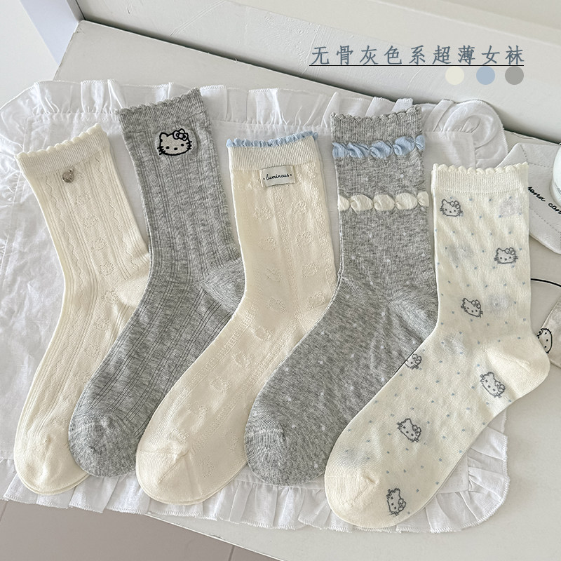 JINGDAO 夏季薄款卡通可爱中筒袜子女棉质提花透气无骨灰色系袜子