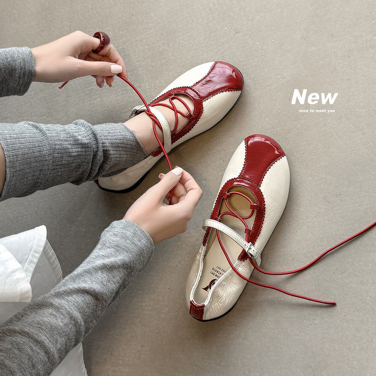 法式复古玛丽珍鞋女平底系带拼色圆头浅口单鞋百搭芭蕾舞鞋26新款,女鞋,浅口单鞋,淘宝优惠券,粉丝福利购,淘宝优惠卷