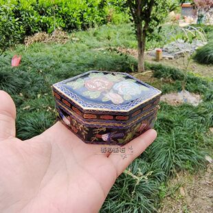 『系石苑』70年代老货铜胎掐丝牡丹喜鹊景泰蓝六角首饰胭脂粉盒