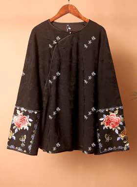 25188素女馆新款新中式圆领斜襟绣花打底衫