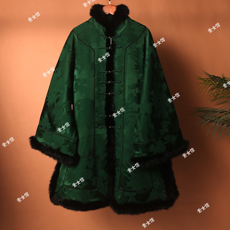 25291素女馆新款素色暗纹提花对襟棉服