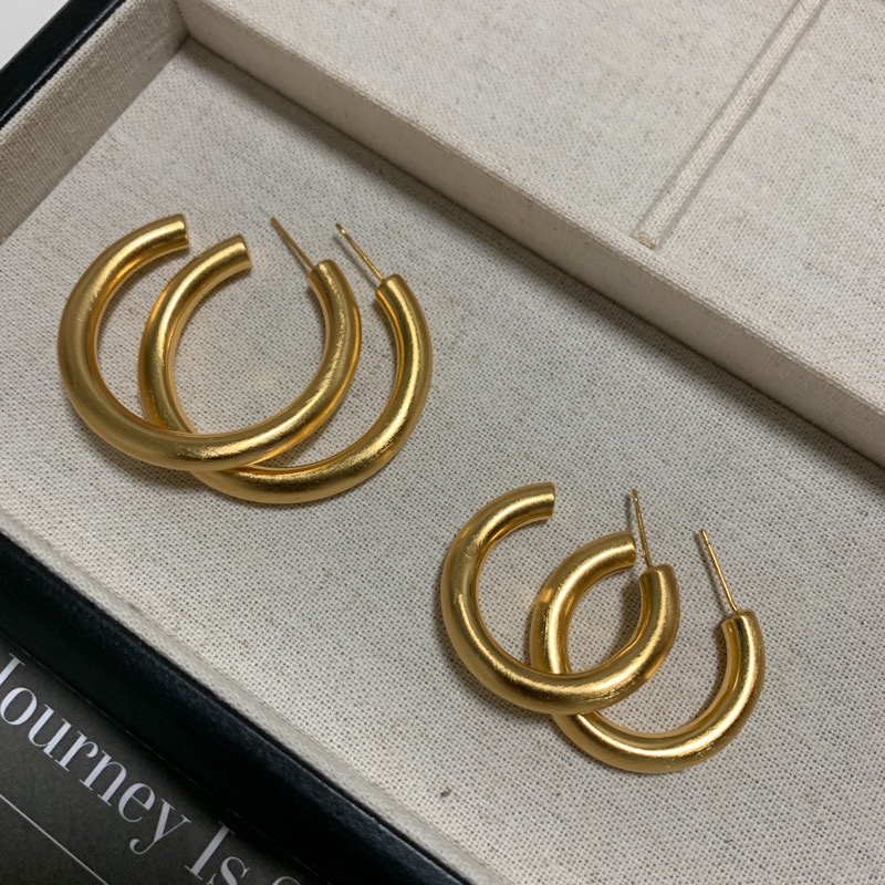 简约百搭磨砂拉丝C形耳圈 欧美复古气质素圈冷淡风时髦个性耳环女