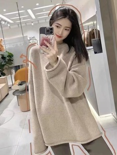 圆领卷边加厚宽松纯羊毛打底衫女中长款遮屁股阔版毛衣针织衫内搭