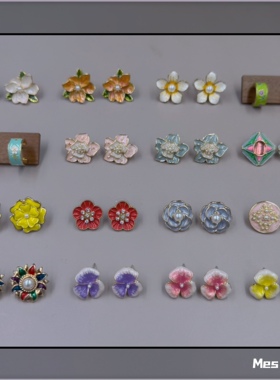 Bijoux欧美复古小众彩釉百搭优雅个性气质水晶钻花朵耳钉耳环耳夹