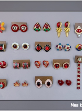 Bijoux包邮红色滴釉个性小众气质红宝石镶嵌桃心耳钉无耳洞耳夹女