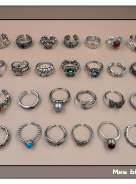 Bijoux包邮复古银色镶嵌做旧简约创意个性气质冷淡风开口戒指指环