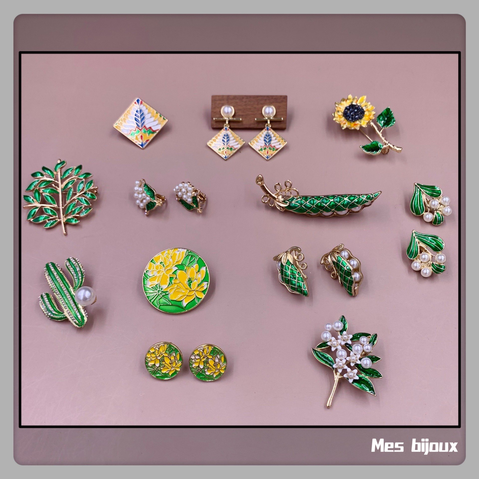 bijoux复古个性小众绿色珍珠植物花卉气质百搭胸针耳钉无耳洞耳夹