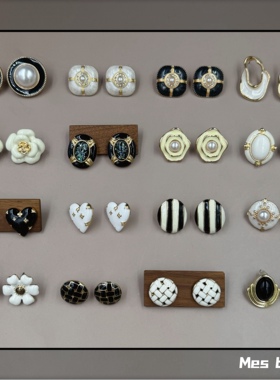 Bijoux经典黑白赫本复古时髦摩登怀旧名媛风百搭简约耳钉耳夹耳环