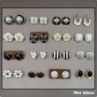 Bijoux经典 黑白赫本复古时髦摩登怀旧名媛风百搭简约耳钉耳夹耳环