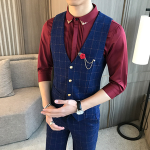 LP710-2023经典格子胸花装饰男休闲马甲外套小马褂P50图片