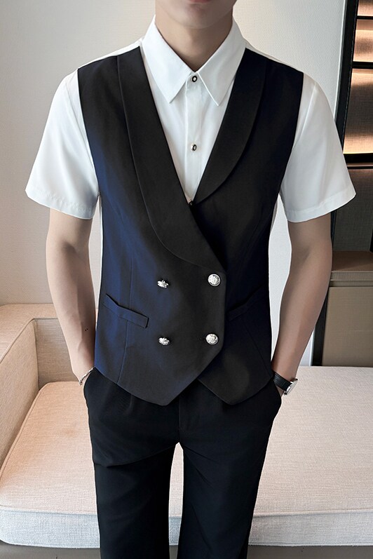 LT1001*双排扣男马甲衬衫两件套短袖衬衣KTV西餐厅服务员工装P55,男装衬衫,星座717A
