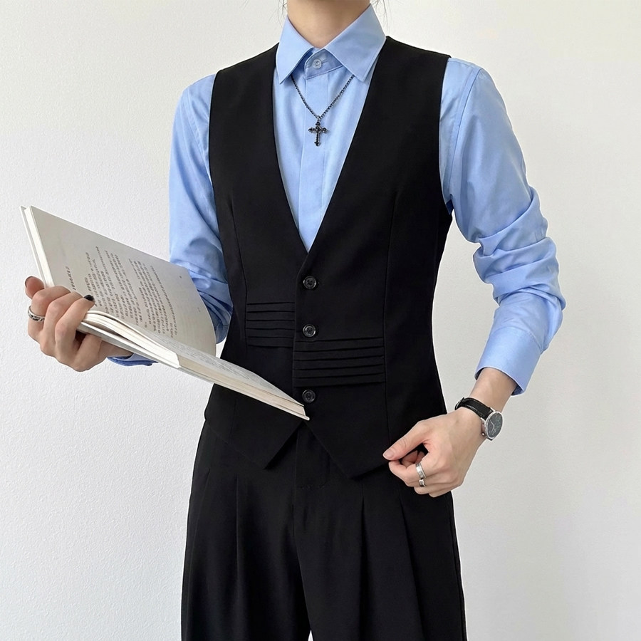 QS793*男中性灰色短款不对称褶皱装饰马甲P50,男装背心/马甲,星座717A