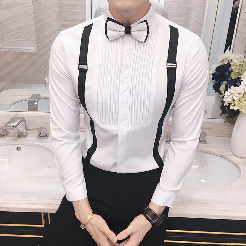 YC017-经典拉条背带潮男长袖衬衫正装衬衣伴郎衬衣酒吧工作服P50图片