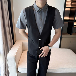 LT1001*双排扣男马甲衬衫两件套短袖衬衣KTV西餐厅服务员工装P55图片