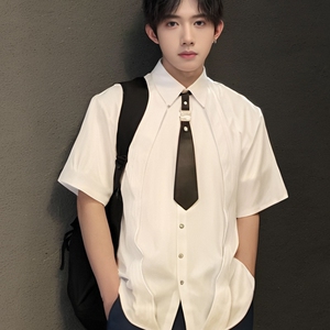 QS093*男夏季宽松潮拼接设计领带装饰短袖衬衫工作服P55图片