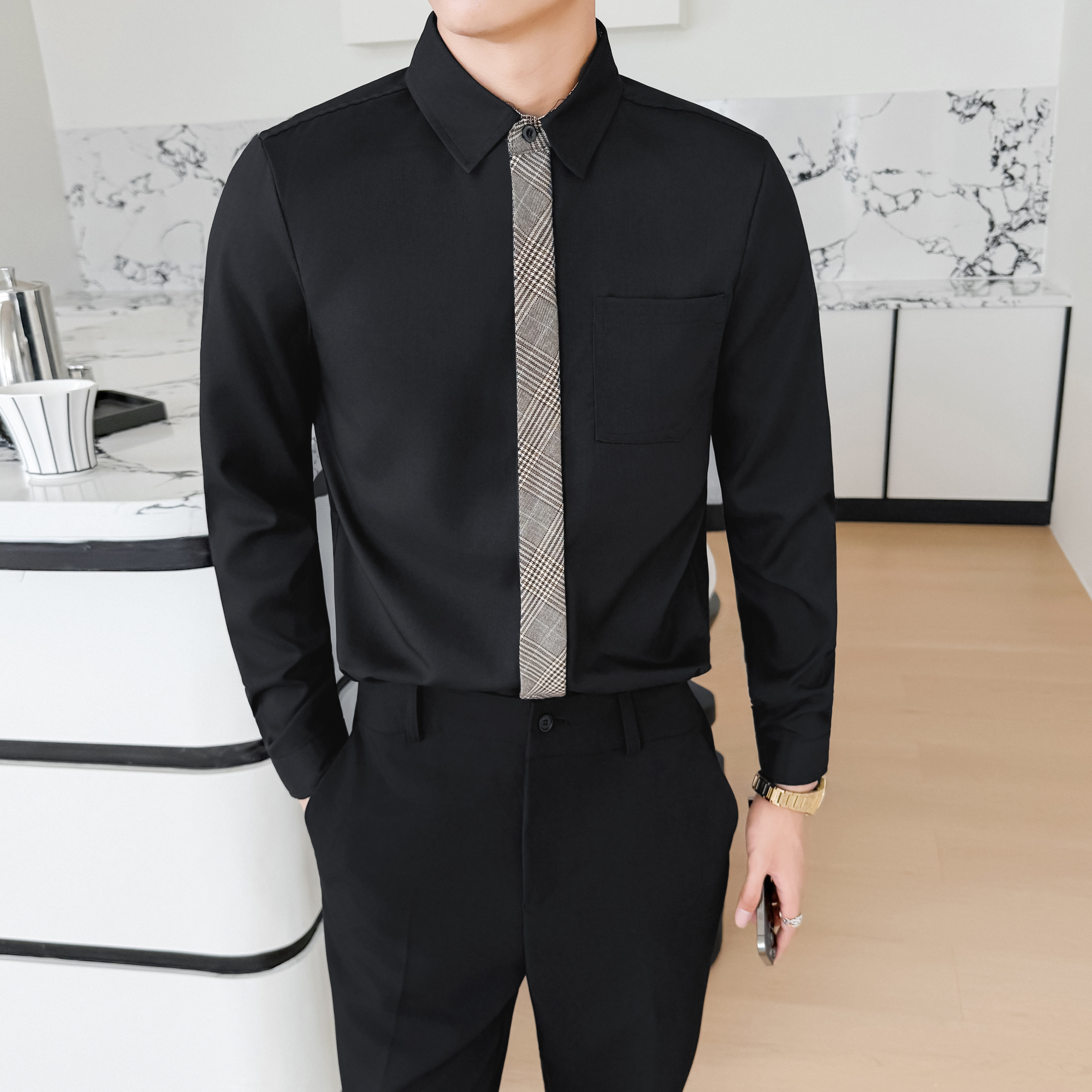 LT201*痞帅衬衫格子领带装饰男潮流韩版修身帅气长袖衬衣工服P55图片