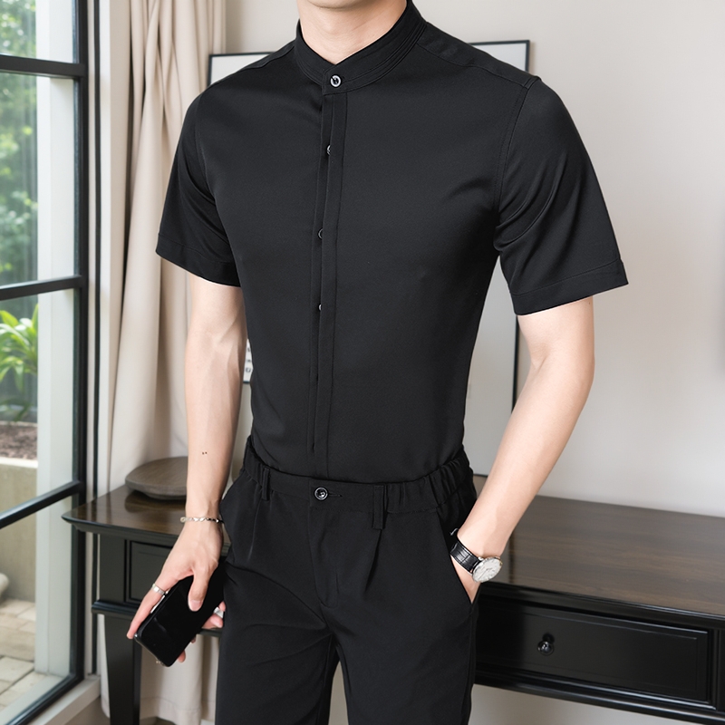 LT139*男立领奶茶店男女同款短袖衬衫工作服伴郎助理衬衣P38，男装衬衫，星座717A