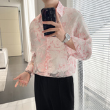 QS081*新款中性镂空花衬衫男女欧根纱透气防晒衣休闲长袖衬衣P65，男装衬衫，星座717A