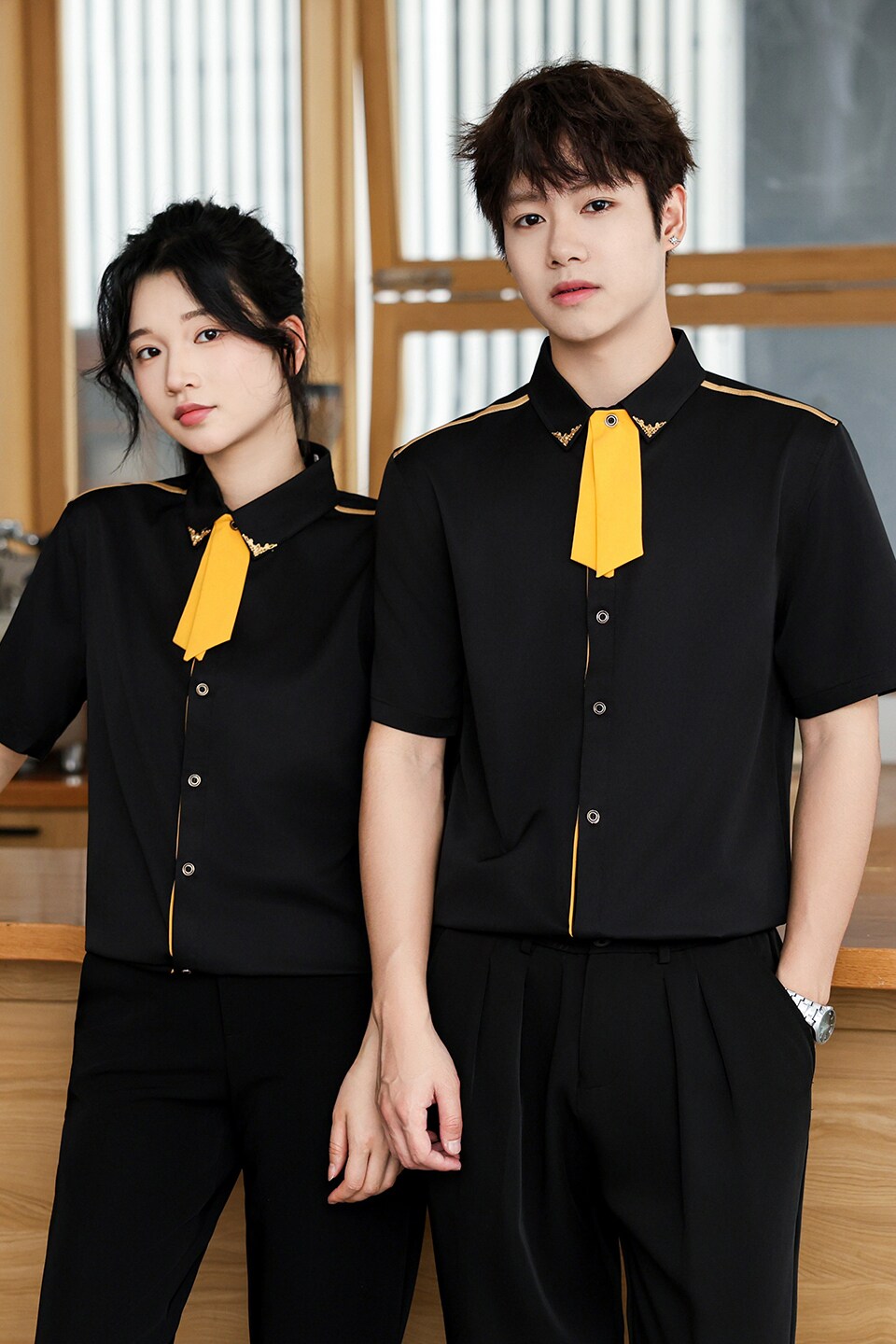 QC136*可拆卸领结奶茶店餐厅服务员短袖衬衫夜店酒吧工装P40,男装衬衫,星座717A